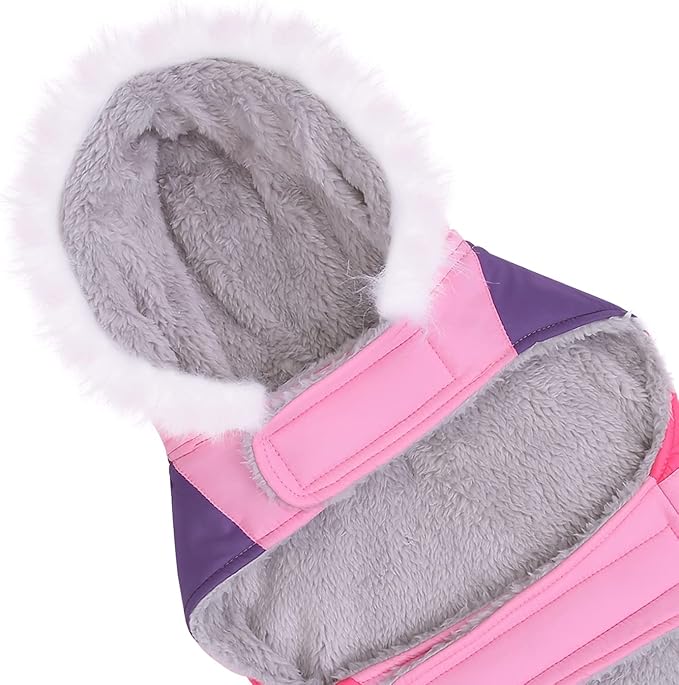 HDE Dog Puffer Jacket Fleece Lined Warm Dog Parka Winter Coat with Harness Hole Pink Stripe - M
