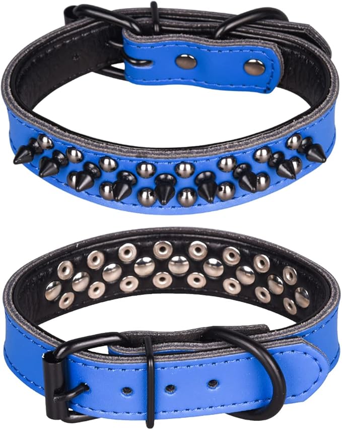 Adjustable Genuine Leather Spiked Studded Dog Collars for Small Medium Large Pets Like Pit Bull Bulldog Pugs Husky (S, Dark Blue1)