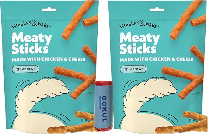 Wiggles & Wags Meaty Sticks Soft Chews, Dog Treats Sticks, Chicken & Cheese Dry Puppy Food - 6oz (Pack of 2), Bundled with Poop Bag