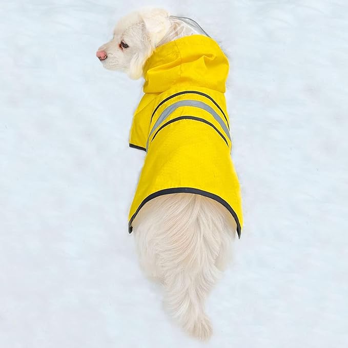 Dog Raincoat Waterproof Reflective Slicker - Lightweight Breathable Hooded Poncho Rain Coat Jacket with Adjustable Belly Strap and Leash Hole for Small Medium Large Dogs (Yellow, XX-Large)