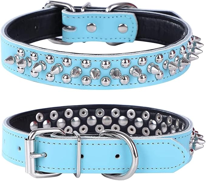 Adjustable Genuine Leather Spiked Studded Dog Collars for Small Medium Large Pets Like Pit Bull Bulldog Pugs Husky (S, Light Blue)