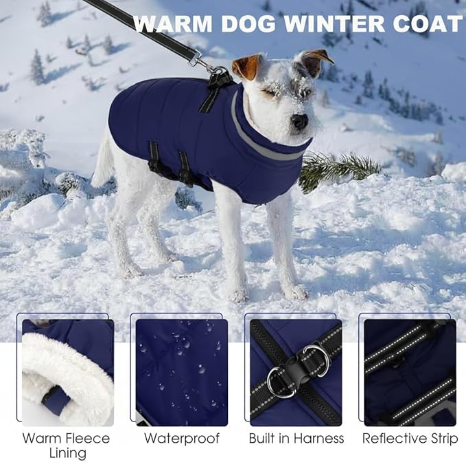 Large Dog Coat with Harness Built-in, Waterproof Reflective Fleece Lined - Warm Windproof Winter Jacket with Back Zipper, Cold Weather Snow Dog Coats - Blue - XL