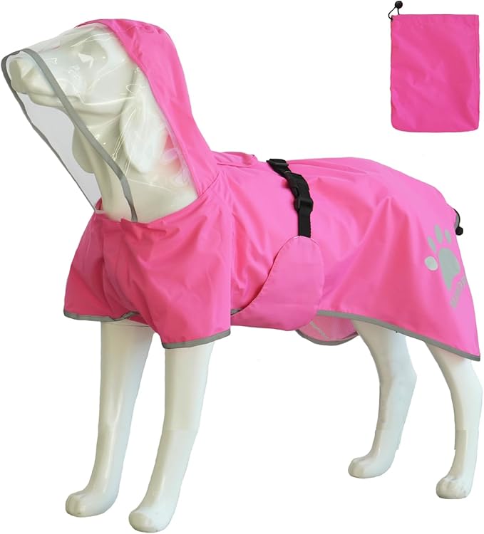 MAMORE Dog Raincoat Hooded Rain Jacket for Small Medium Large Dogs Slicker Poncho Bottom Waterproof Adjustable Reflective Breathable Leash Hole (Pink, Large)