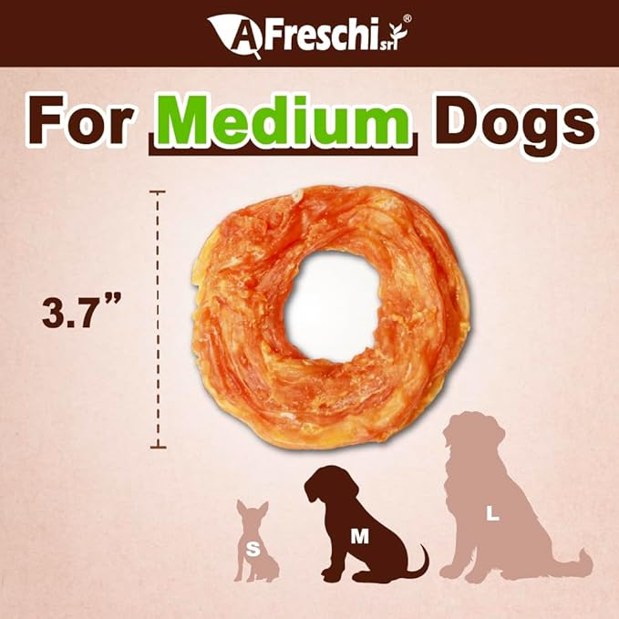AFreschi Turkey Tendons for Dogs, USA-Sourced, Healthy Dog Treats, Rawhide-Free Puppy Chews, Long Lasting, All Natural, Hypoallergenic Dog Treats for Medium Breeds, 20 Count Box Ring (M)