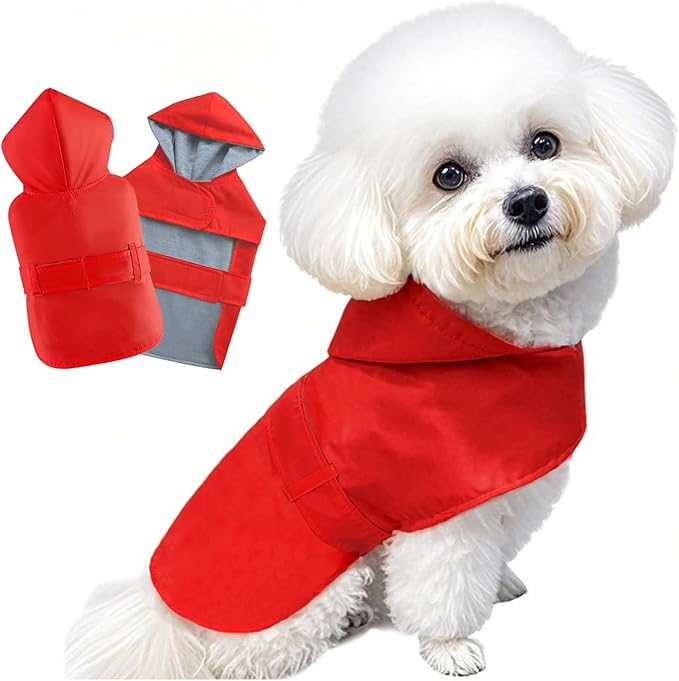 Dog Raincoat Dog Rain Jacket Poncho Waterproof Pet Rain Suit Double Layer Breathable Lining Hooded Leash Hole Adjustable Puppy Small Medium Dogs,Red,XL