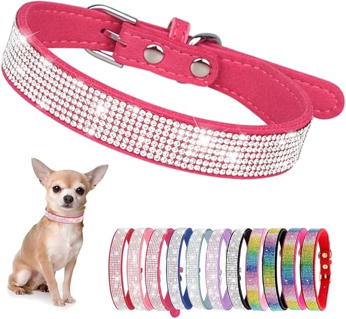 Serijoars Small Dog Collar with Rhinestone Crystal Diamond Colorful Bling Girl Puppy Cat Collars (L, Hot Pink)