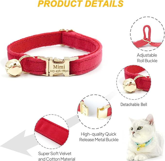 Personalized Cat Collar with Bells,Velvet Customized Small Cat Collar with Name Tag,Pet Collar with Name Phone Number Engraved ID Tags for Boy and Girl Kitten Cats (Pink Purple)