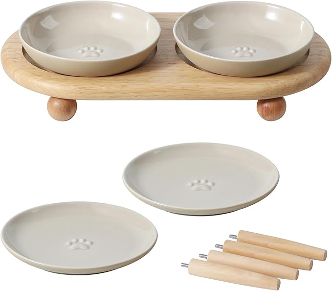 Raised Ceramic Wide Whisker Friendly Cat Dishes, Food& Water Bowl with 2 Style Stand Adjustable Pet Bowl Set, Anti Whisker Fatigue(2Dish+2Shallow Dish+Stand