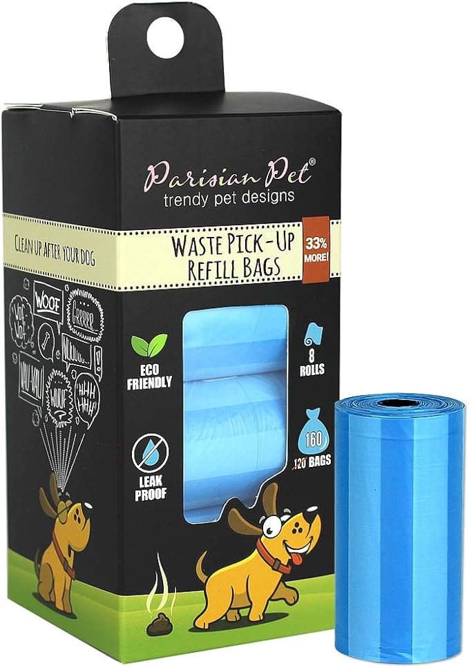 Parisian Pet Ecofriendly Dog Poop Bags Rolls - 160 Count Unscented Poop Bags For Dogs - Leakproof, Extra Thick, 8 Dog Waste Bags Refill Rolls - Striped Blue Doggie Poop Bags - Fits All Dispenser