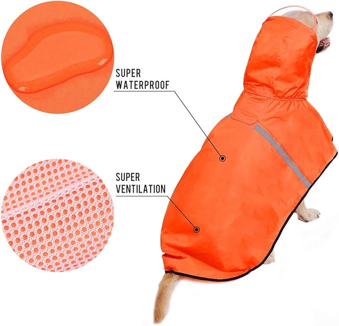 Dog Raincoat with Adjustable Belly Strap and Leash Hole - Hoodie with Reflective Strip - Waterproof Slicker Lightweight Breathable Rain Poncho Jacket for Medium Large Dogs - Easy to Wear, Orange 4XL