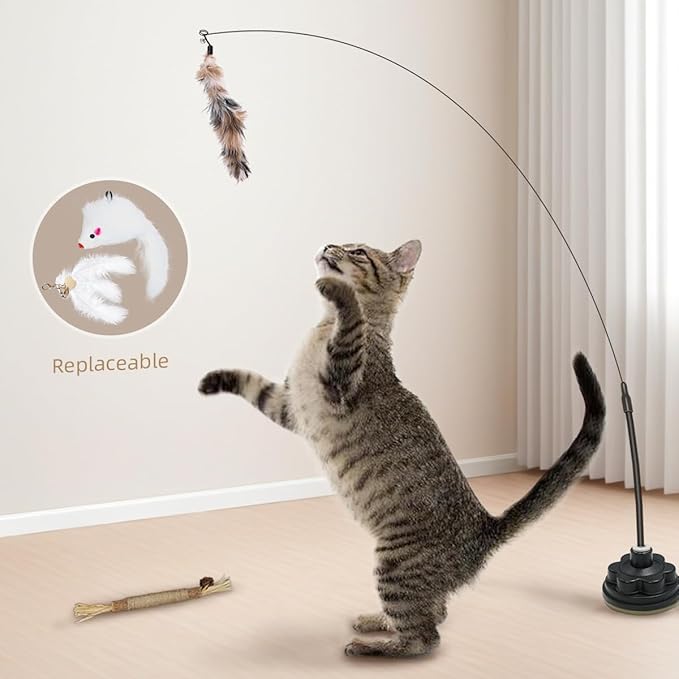 Suction Cup Cat Toys for Indoor Cats,3 in 1 Interactive cat Toys for Indoor Cats,Self Play or Handheld,Feathers & Bells,Realistic Toy Mouse and Silvervine Sticks（Black）