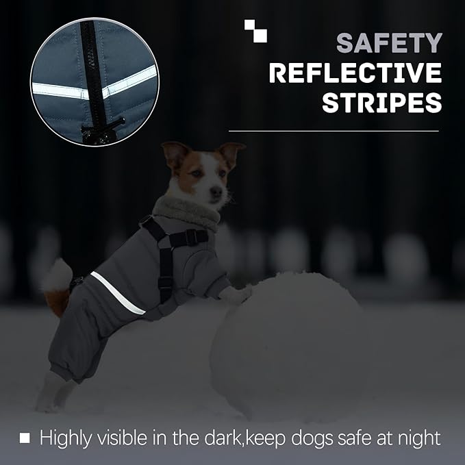 BRKURLEG Grey Dog Winter Coat, Cozy Winter Dog Jackets, Small Medium Dogs Coat with Harness, Onesie Body Warm Puppy Christmas Jacket, Pet Cold Weather Jackets, Puppy Four-Legged Puffer Coats, XXL