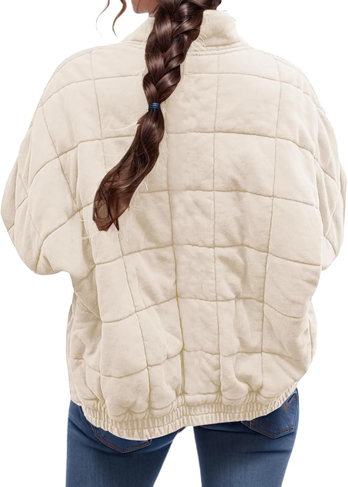 LIZALIG Warm Padded Coat for Women Full Zip Quilted Jackets Winter Oversized Causal Solid Color Stand Collar Pockets Coat