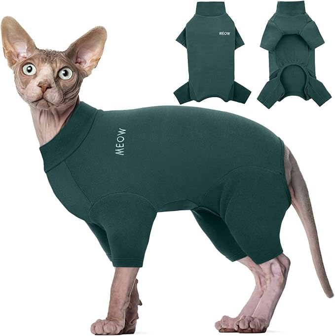ROZKITCH Sphynx Cat Clothes, Breathable Soft Cat Jumpers for Cats Only, Coat with Four Legs, Warm Sweater T-Shirt Pajamas Jumpsuit Vest Cornish Rex Devon Rex Peterbald DarkGreen M