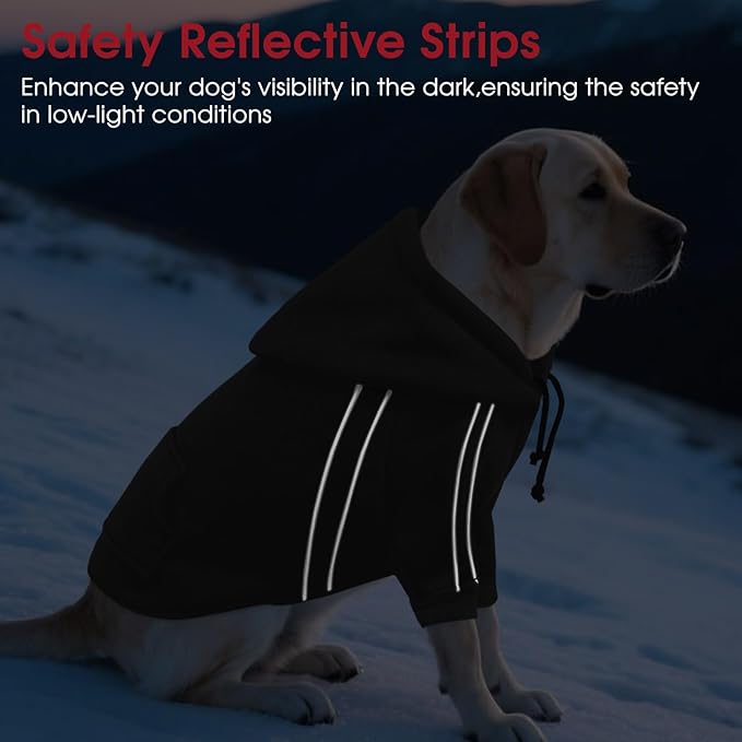 ASENKU Cozy Dog Hoodie，Soft Sweater with Adjustable Hood, Back Pocket and Leash Access Hole，Warm Reflective Sweatshirt for Cold Weather（Black，S