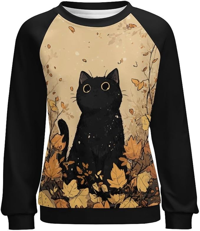 Abstract Cute Cat Shirts for Women Long Sleeve Lady Crewneck Pullover Sweatshirt Fall Winter Oversized Tops