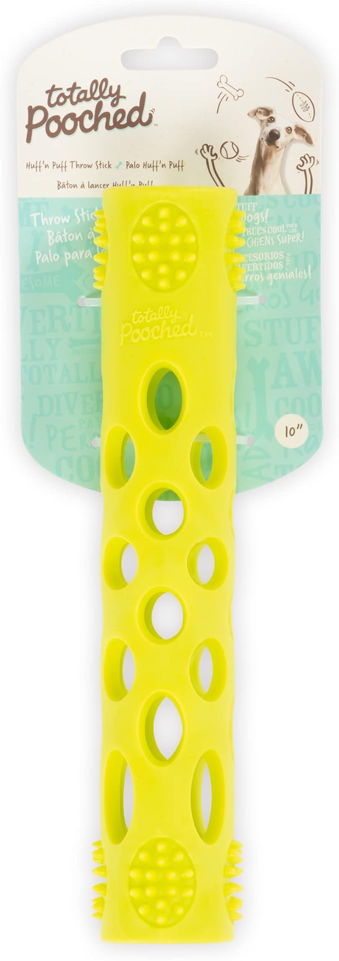 Messy Mutts Totally Pooched Huff'n Puff Stick | 10” x 2” TPR Puzzle Stick for Dogs | 2-in-1 Durable Interactive Toy and Tooth Cleaner | Green