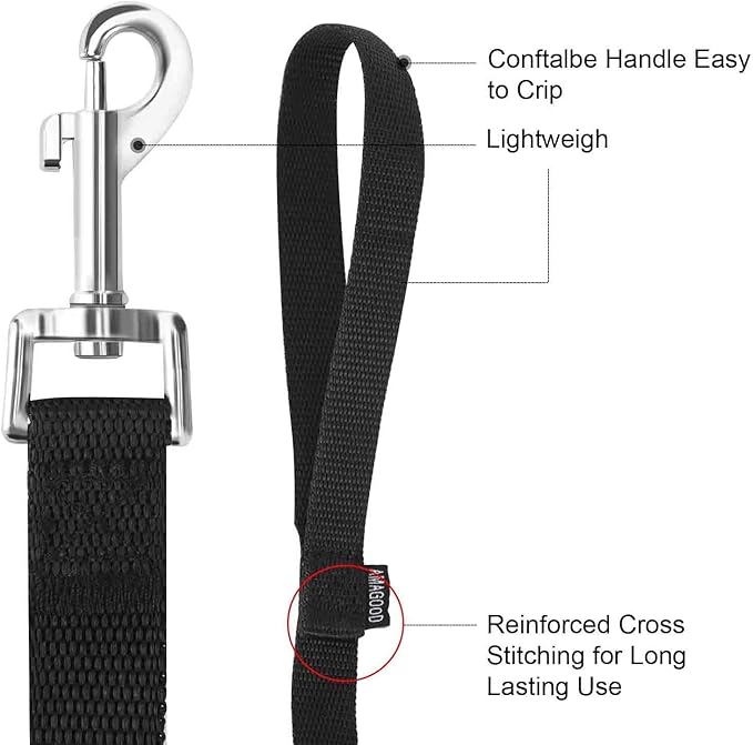AMAGOOD 6 FT Puppy/Dog Leash, Strong and Durable Traditional Style Leash with Easy to Use Collar Hook, Great for Small, Medium and Large Dogs (3/4 in x 6 ft, Black and Red (2-Pack))