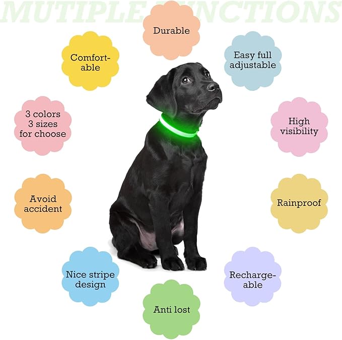 YFbrite Full Adjustbale LED Dog Collar, Full Illuminated Light up Dog Collars, Reflective Dog Collar Light Glowing in The Dark for All Dogs Safety (Small, Green-2)