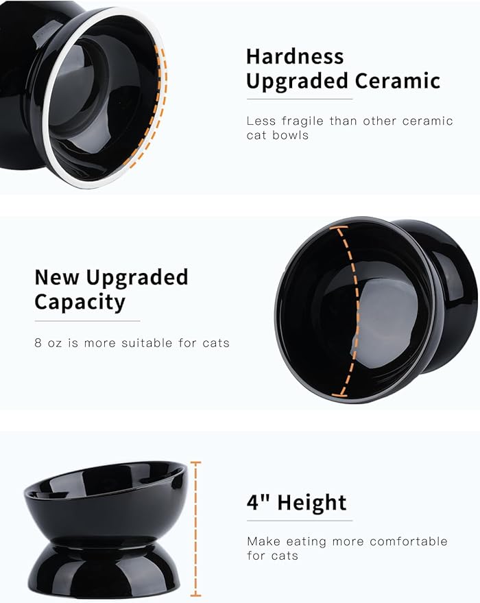 Cat Water Bowl, 16 OZ Ceramic Elevated Cat Bowls, 15° Tilted and Raised Pet Food Dish, Anti Vomiting Protect Pets' Spines and Whisker Fatigue