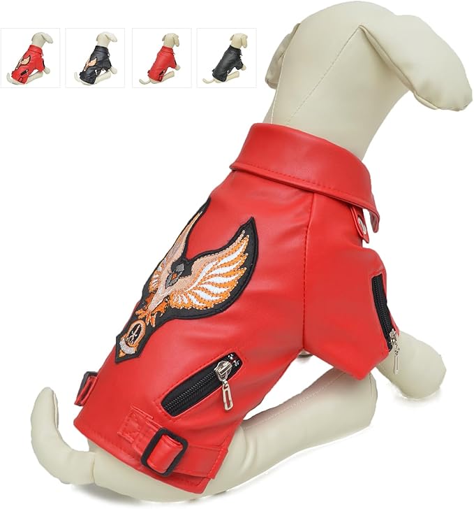 Lovelonglong Cool Dog Leather Jacket, Warm Coats Dogs Windproof Cold Weather Coats for Large Medium Small Dogs with Eagle Embroidery Red S