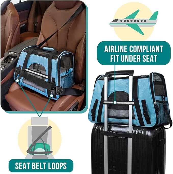 PetAmi Airline Approved Pet Carrier for Cat, Soft Sided Dog Carrier for Small Dogs, Cat Travel Supplies Accessories for Indoor Cats, Ventilated Pet Carrying Bag Medium Large Kitten Puppy, Large Blue