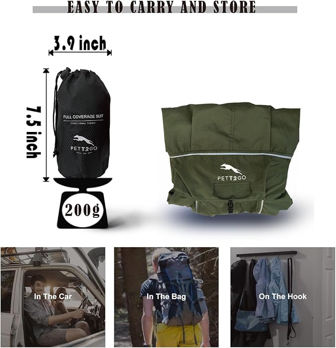 Dog Lightweight Windbreaker, Dog Outdoor 4-Legs Jacket, 0.5 lbs,Durable Water Repellent, Hooded, Easy on/Off with Collar and Harness, Reflective, Packable,Dark Olive (XX-Large)