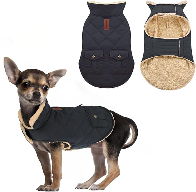 ASENKU Warm Dog Winter Coat, Waterproof Dog Coat for Cold Weather, Fleece Dogs Jacket with Ultra Thick Plush Lining Leash Hole Storage Pockets for Small Dogs (Navy Blue, Small)