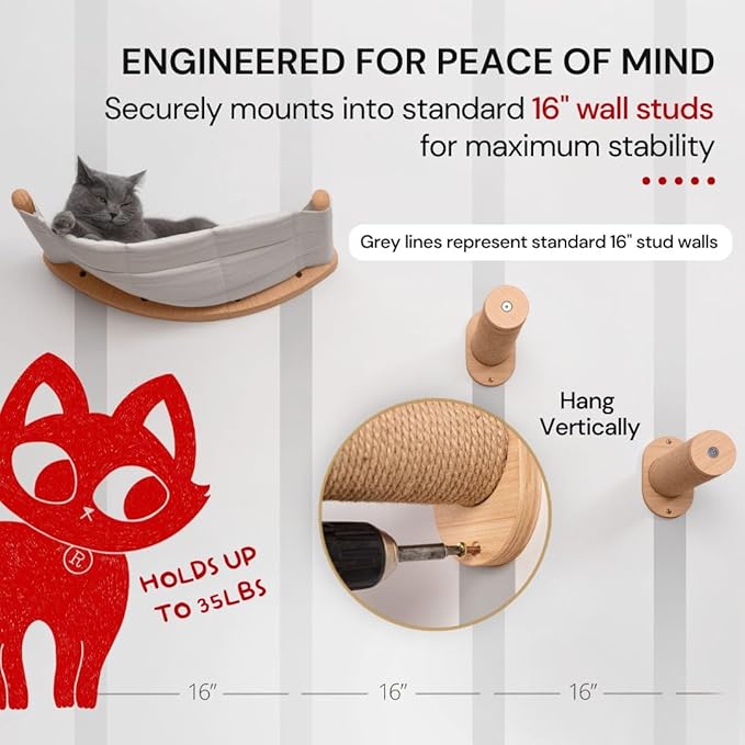 7 Ruby Road Cat Hammock Wall Mounted Shelf with Two Steps Set - Wall Shelves and Perches for Sleeping, Playing, Climbing and Lounging - Modern Cat Bed & Furniture for Indoor and Large Cats or Kitty