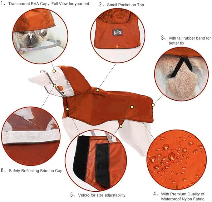 Pet Raincoat Packable Hooded Dog Rain Jacket Reflective Strips Lightweight Adjustable Poncho for Small Medium Large Dogs Orange S