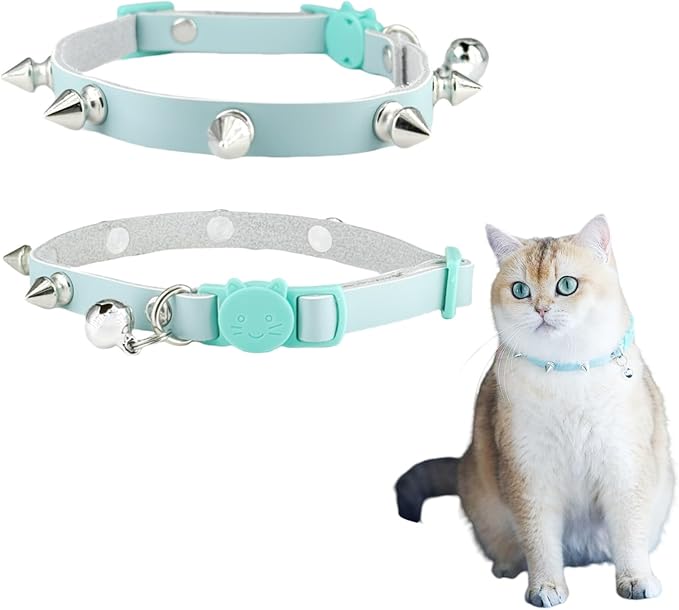 Spiked Cat Collar with Bells, Breakaway Genuine Leather Protective Collar for Kitty, Studs Spikes Punk Style Adjustable for Girl Boy Kittens Small Bunny Rabbit, 8"-9.5" Blue