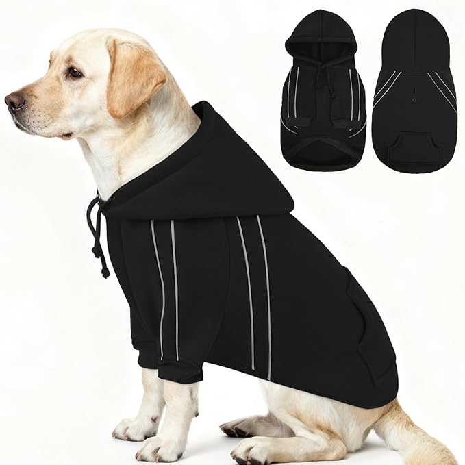 ASENKU Cozy Dog Hoodie，Soft Sweater with Adjustable Hood, Back Pocket and Leash Access Hole，Warm Reflective Sweatshirt for Cold Weather（Black，L