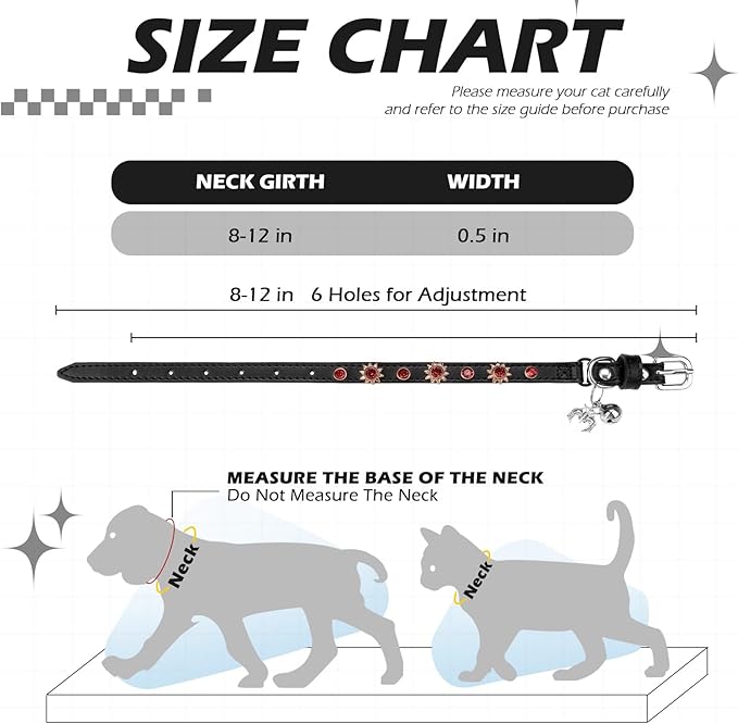 EXPAWLORER Halloween Leather Cat Collar - Adjustable Pet Collar with Rivet Spike for Girl Boy Cats, Punk Accessories with Bell & Durable D-Ring,Red Diamond Sunflower