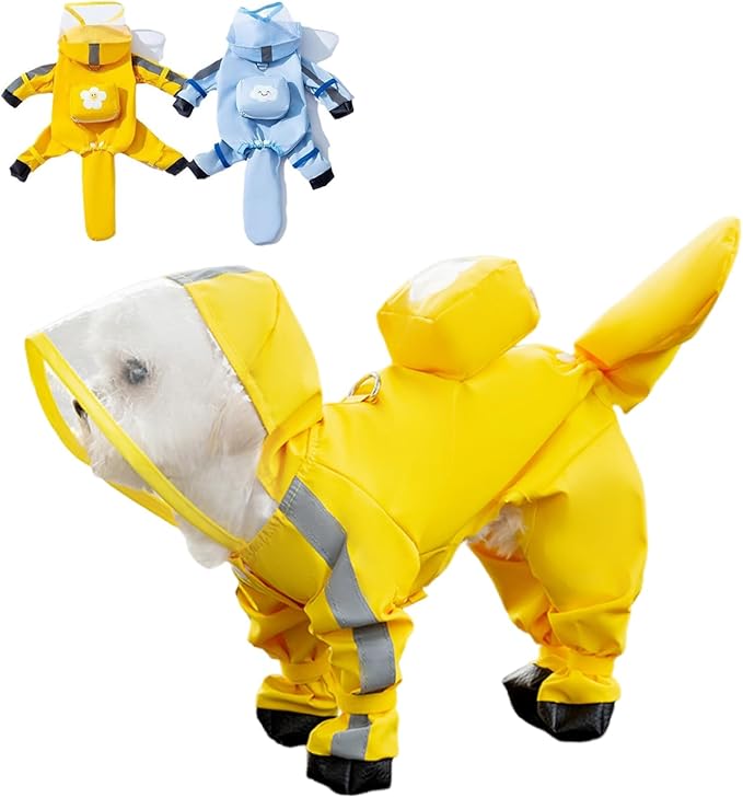 Small Dog Raincoat with Legs, Ideal for Teddy Bears, Waterproof Full Coverage with Mini Backpack, Reflective Hoodie and Detachable Tail (Yellow, Medium(Suggest Weight 5.5-8.8lb))