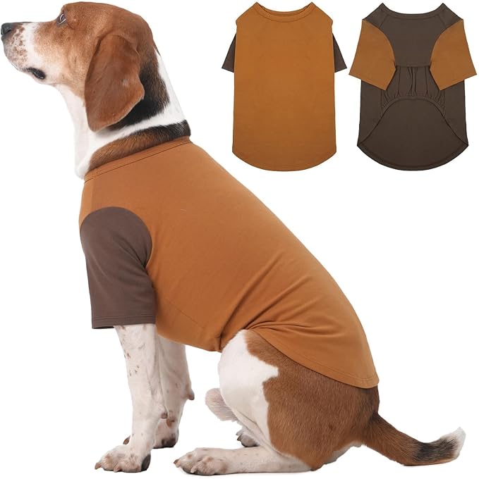 2 Pack Large Dog Shirts for Summer - Stretchy Breathable Cotton Dogs T-Shirt, Protect Skin Easy On and Off Clothes for French Bulldog, Pug, Daily Wear, Walk, Park, Travel, Beach Trips, Brown