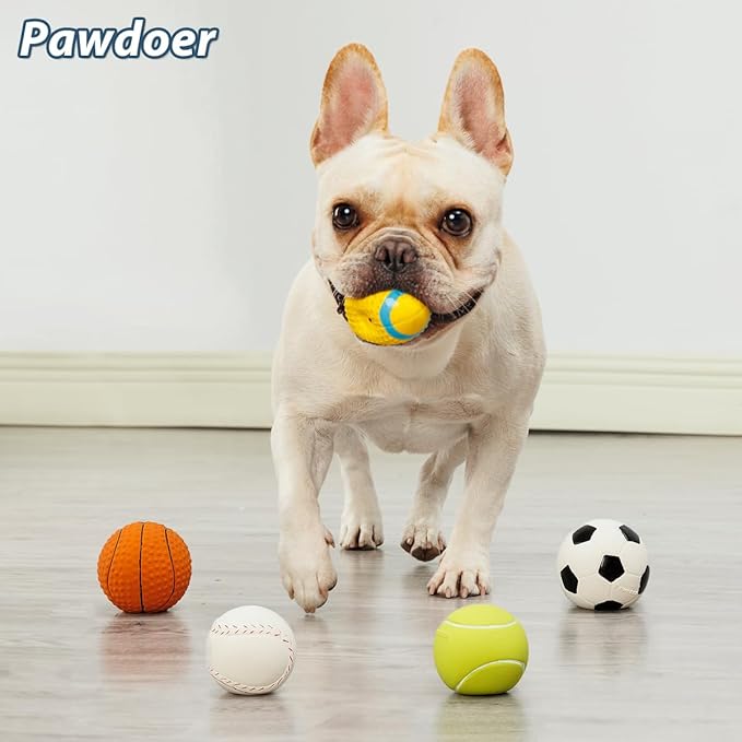 Squeaky Dog Ball, Soft Latex Rubber Squeaky Dog Toys for Small Dogs Puppies, Cute Squeak Toys Play Ball - Tennis, Soccer, Football, Basketball and Baseball 5 Pack