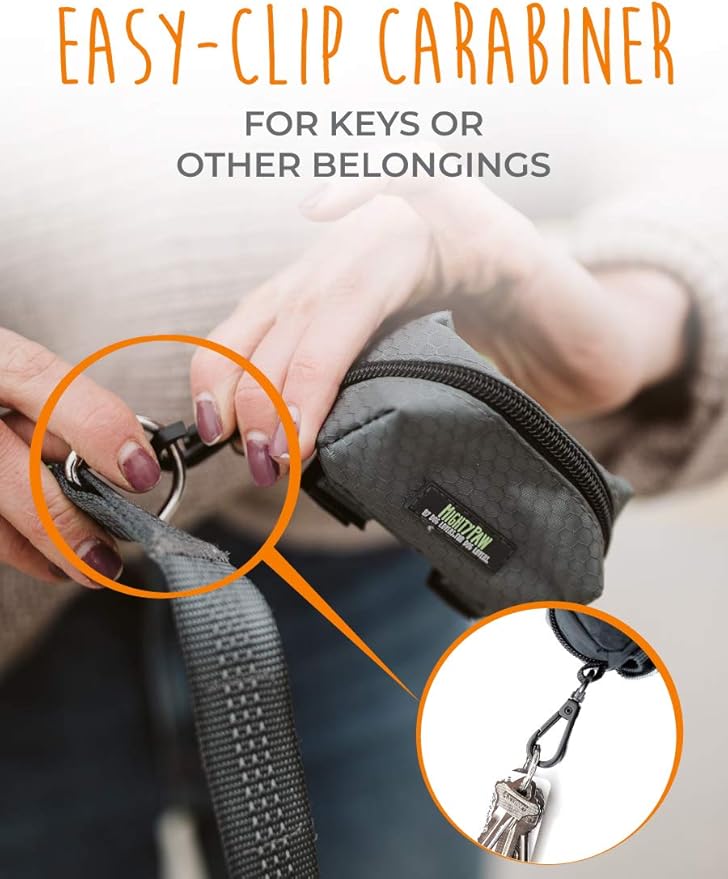 Mighty Paw Dog Poop Bag Holder - Zippered Pouch with Carabiner Hook - Includes Roll of Pick-up Bags - Pet Poop Holder and Dispenser - Pet Walking Supplies - (Grey/Green)