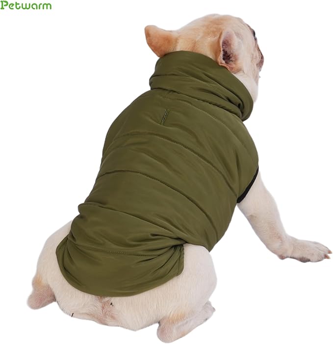 PetWarm Reversible Dog Winter Coat, Windproof Dog Puffer Vest, Soft Vest for Dogs with Hook-and-Loop Strap for Easy Dressing, Waterproof Coat for Dogs with Adjustable Fit, Green, XS