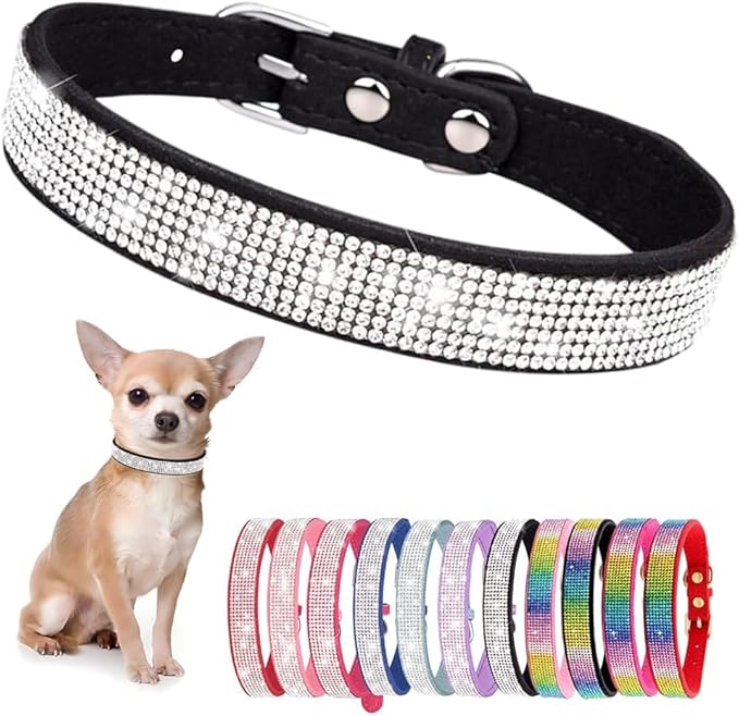 Serijoars Small Dog Collar with Rhinestone Crystal Diamond Colorful Bling Girl Puppy Cat Collars (XXS, Black)