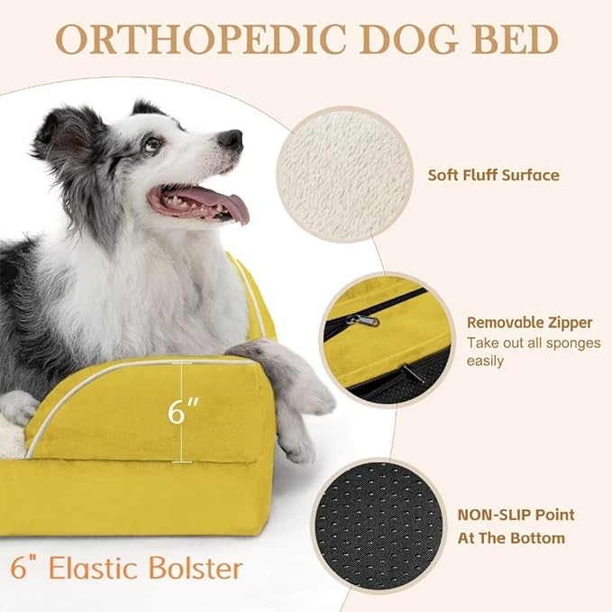Comfort Expression Orthopedic Dog Bed for Extra Large Dogs 53x42 Inch, Waterproof Egg Crate Foam XXL Pet Bed with Removable Bolsters, Dog Couch with Washable Cover & Non-Slip Bottom, Spicy Mustard