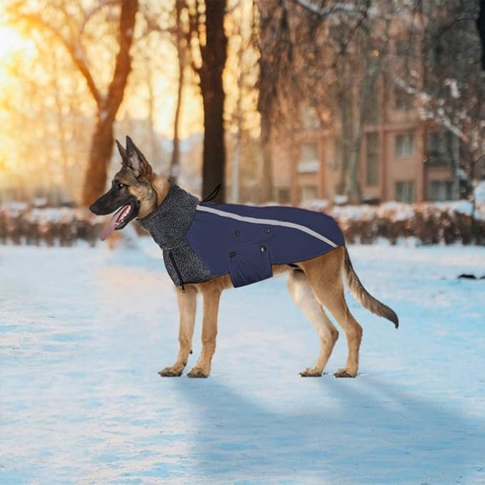 SlowTon Winter Dog Coat, Warm Polar Fleece Lining Doggie Outdoor Jacket with Turtleneck Scarf Reflective Stripe Adjustable Waterproof Windproof Puppy Vest Soft Pet Outfits (L+,Dark Blue)