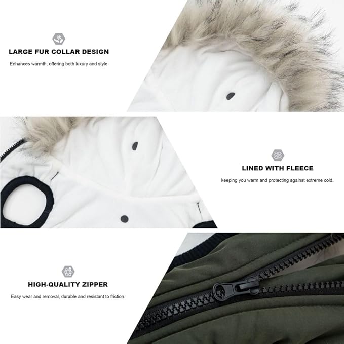PINA Winter Coat with Waterproof Fabric and Faux Fur Hood, Dog Jacket with Reflective Strap for Small to Large Dogs, Green, M