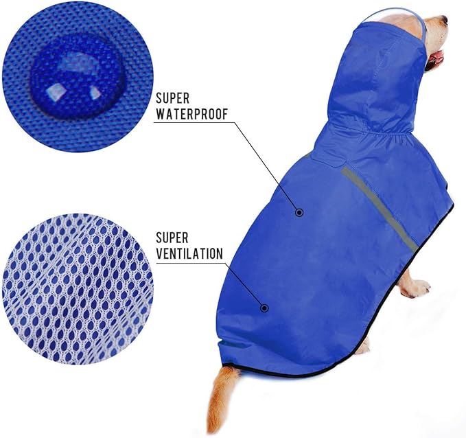 Dog Raincoat with Adjustable Belly Strap and Leash Hole - Hoodie with Reflective Strip - Waterproof Slicker Lightweight Breathable Rain Poncho Jacket for Medium Large Dogs - Easy to Wear
