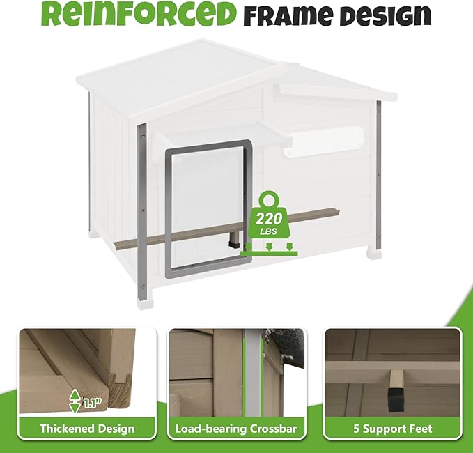 Large Outdoor Wooden Dog House, Weatherproof Dog Houses with Adjustable Vent Windows, Alloy Chew-Resistant Frame, Removable Floor for Medium & Large Dogs (43.5" L x 29.5" W x 33.5" H)