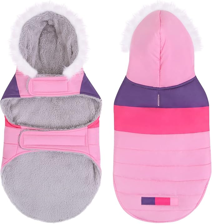 HDE Dog Puffer Jacket Fleece Lined Warm Dog Parka Winter Coat with Harness Hole Pink Stripe - M