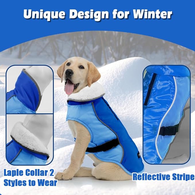 EMUST Dog Cold Weather Coats, Fleece Lining Small/Medium/Large Dog Jacket for Winter, Warm Pet Winter Clothes for Large Dogs, New Blue, XL