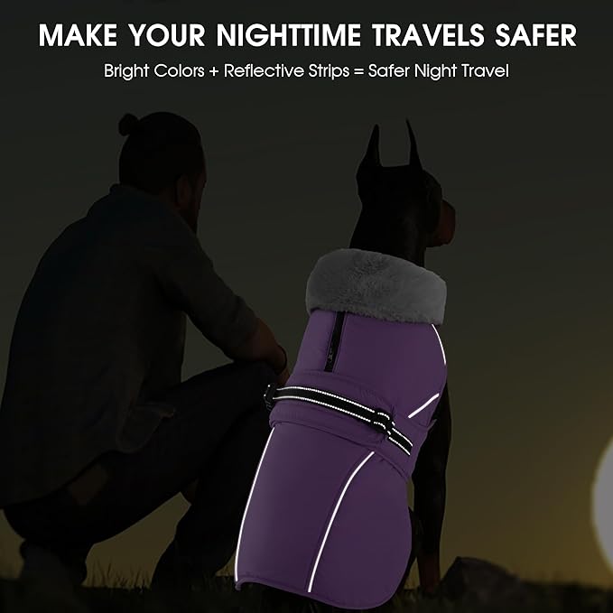 PETDSH Dog Coat Small, Windproof Dog Jacket with Warm Fleece Lining, Thickened Collar Dogs Winter Coat, Adjustable Reflective Pet Coats for Cold Weather (Purple, Small)