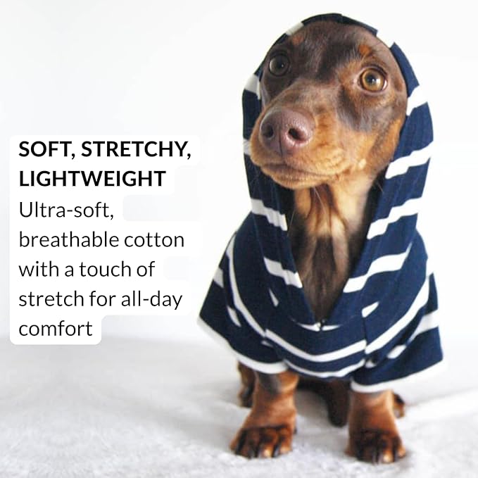 DJANGO Dog Hoodie – Warm, Lightweight, Soft & Stretchy Dog Sweater with Hood, Harness Hole & Elastic Waistband – Cozy Sweatshirt for Small Dogs up to 25 lbs, Dachshunds & Puppies – Navy Blue, X-Small