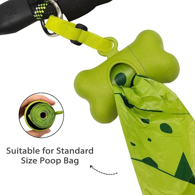 Bone-Shaped Dog Poop Bag Holder for Leash |Dispenser with 15 Leak-Resistant Waste Bags & Carabiner Clip(Green)