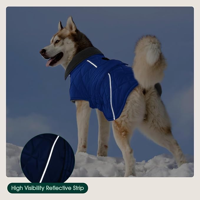 Kuoser Dog Coat, Extra Warm Dog Jacket Windproof Dogs Cold Weather Coats for Large Dogs, Fleece Lining Turtleneck Puppy Snowsuit Reflective Adjustable Pet Winter Clothes Christmas, Blue 2XL